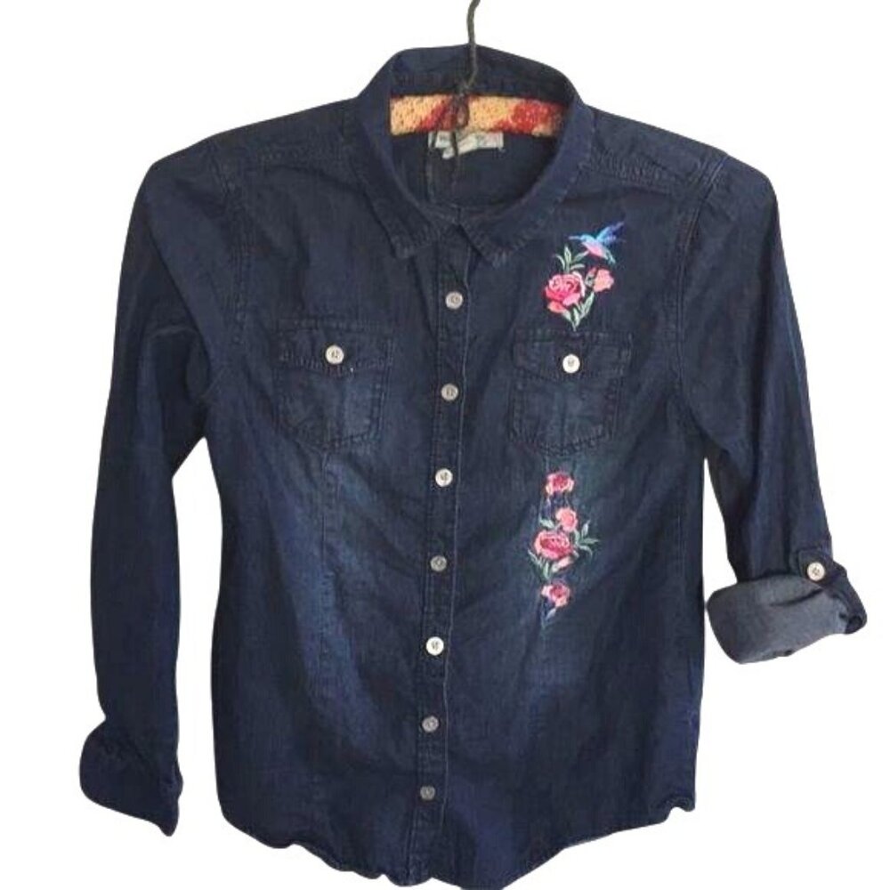 Wallflower Girls Blue Denim Button-Up Shirt Floral Hummingbird Embroidery Sz 10